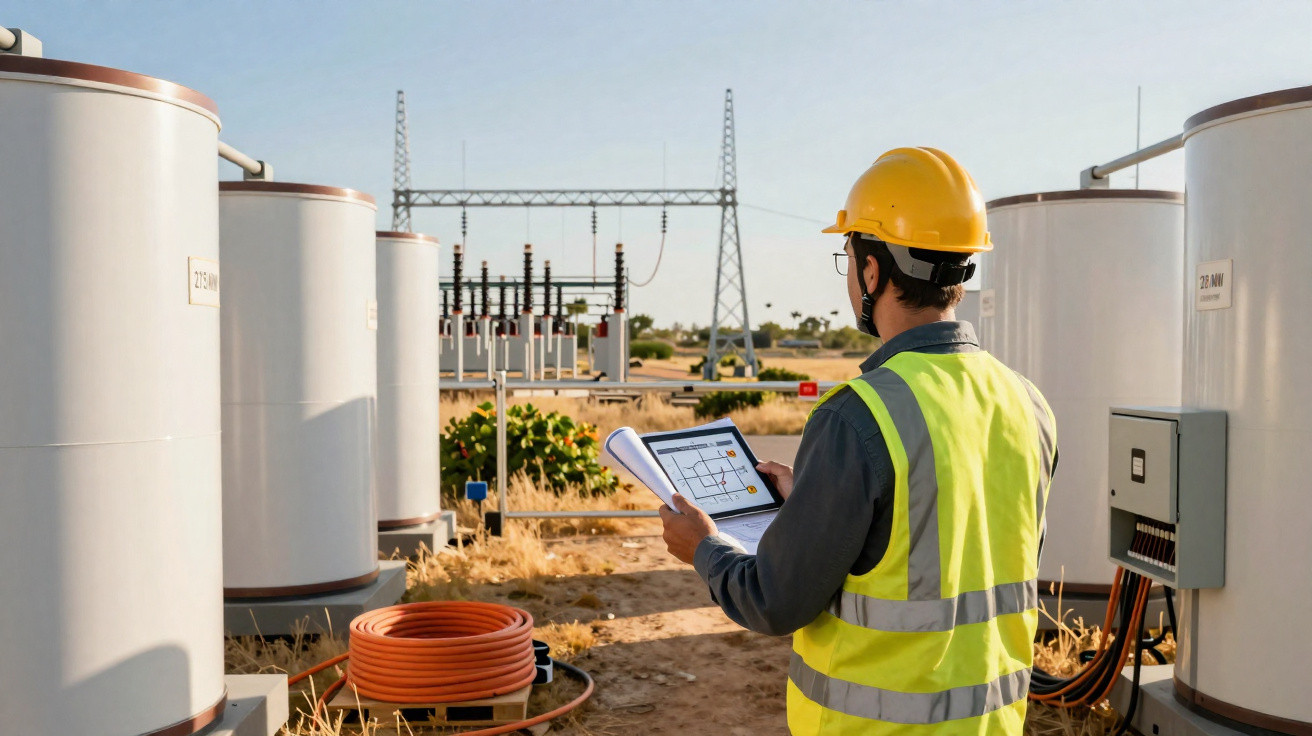 Engineer in safety gear inspecting electrical equipment at an outdoor power substation using a tablet.