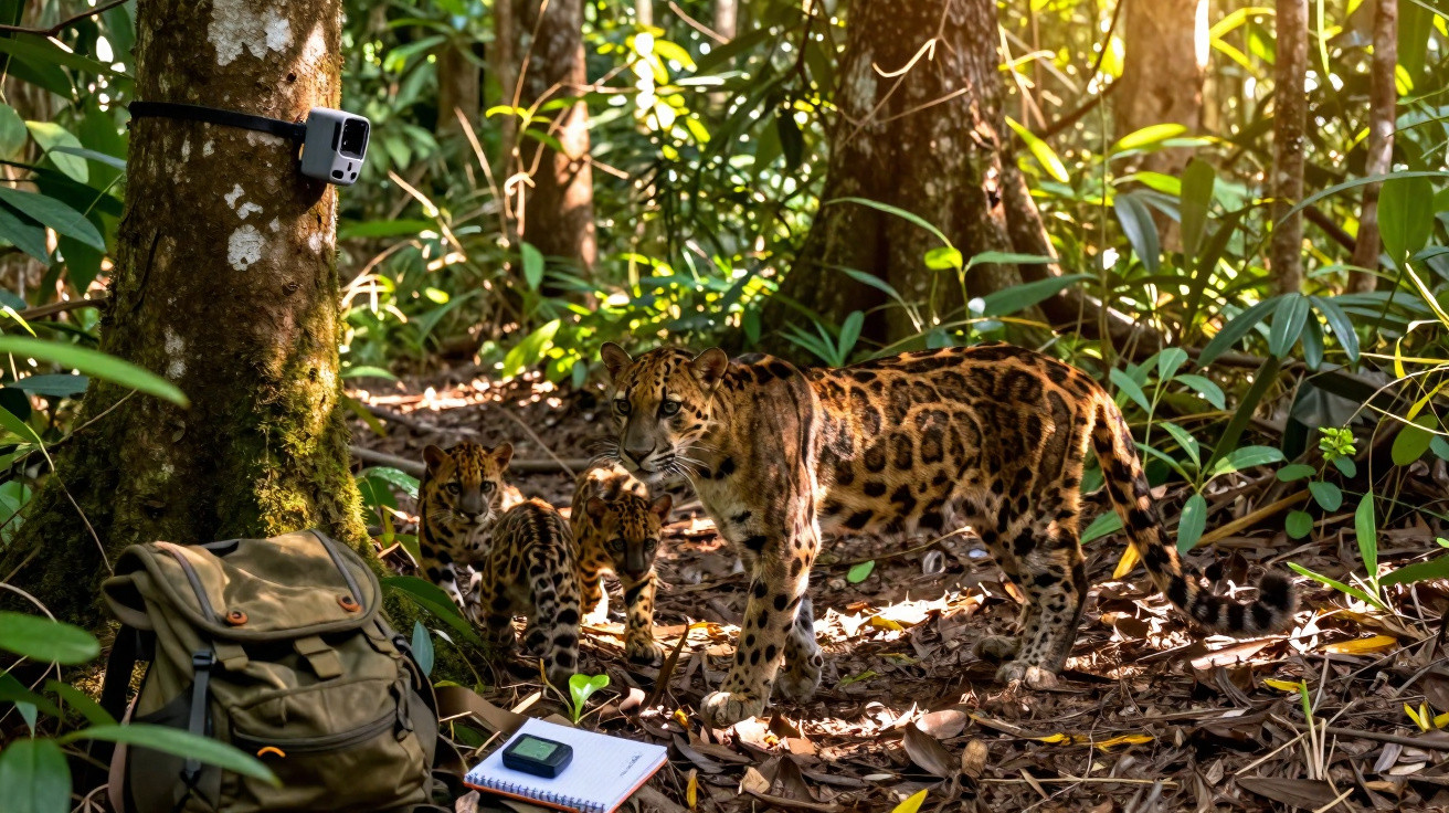 Clouded leopard mother and two cubs in forest near research equipment and backpack with sunlight filtering through trees
