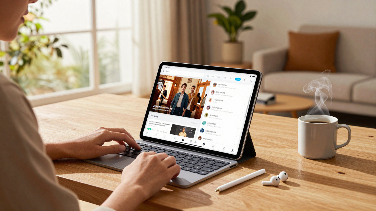 Person using a tablet with keyboard on a wooden table next to a steaming mug, wireless earbuds, and a stylus.