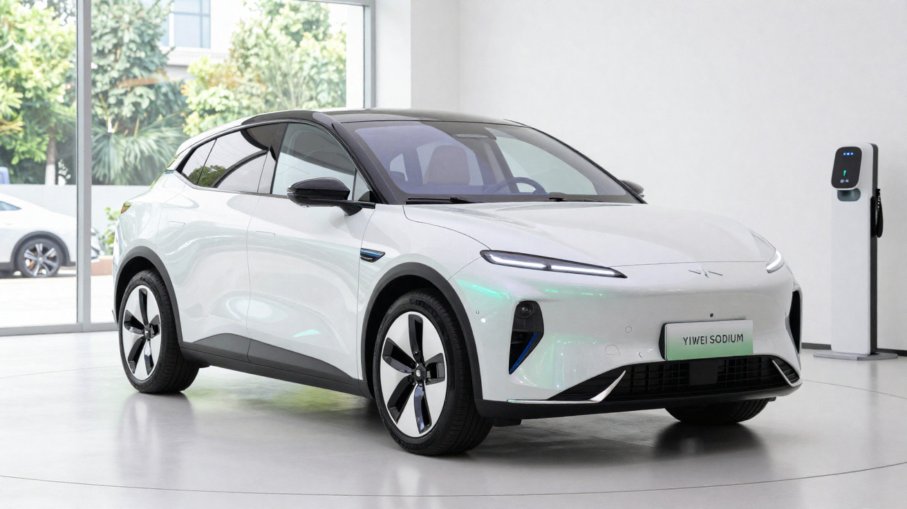 White electric SUV parked indoors near a charging station with large windows in the background.