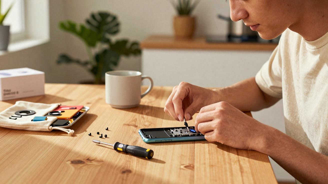 Person repairing a smartphone on a wooden table with tools and components scattered around.