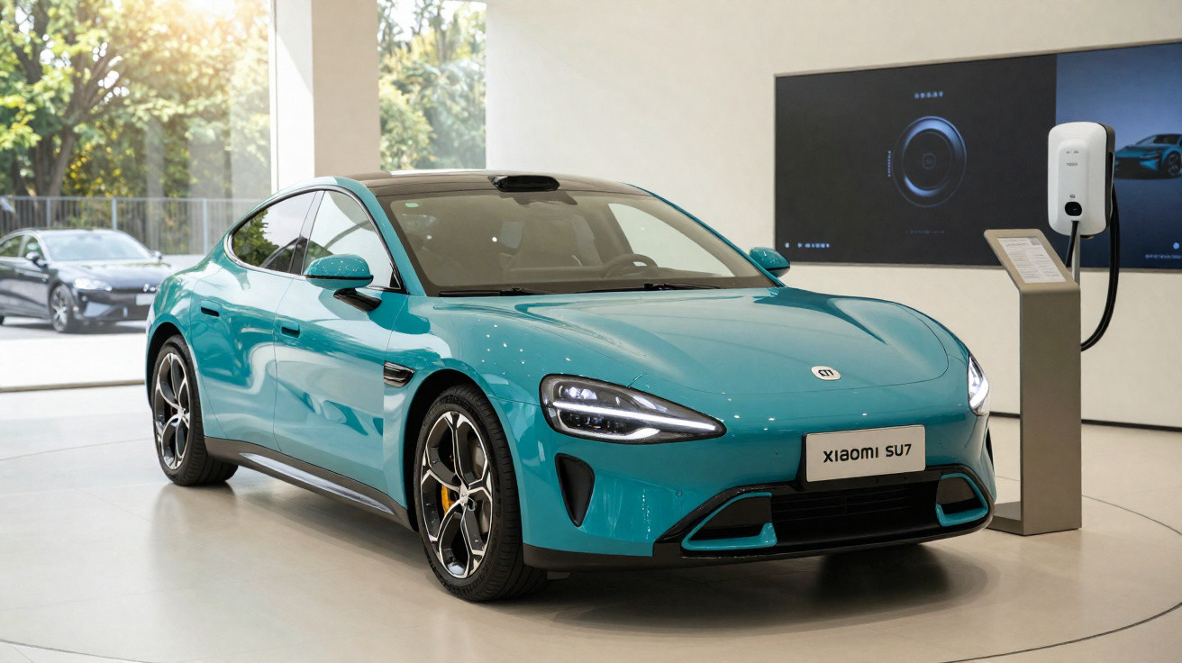 Sleek turquoise Xiaomi SU7 electric car displayed indoors next to a charging station and digital screen.
