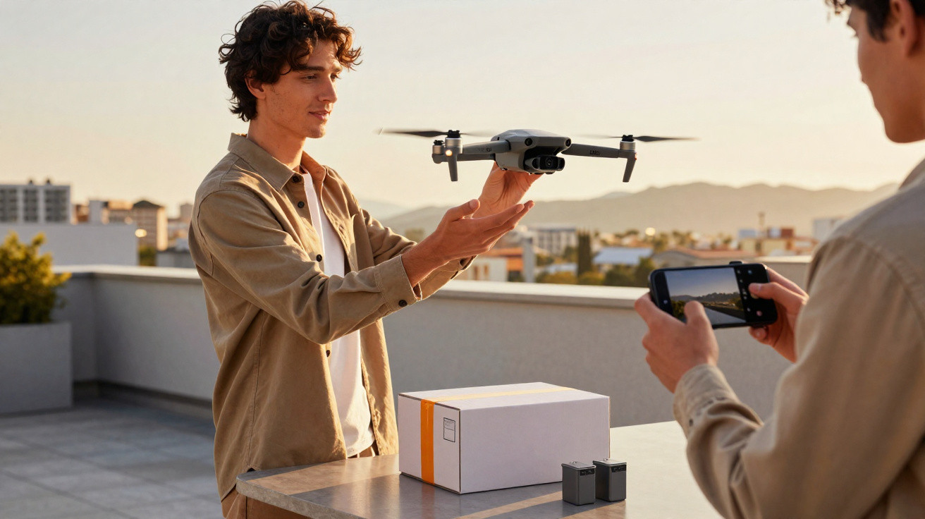 Two men on a rooftop testing a drone, one holding it and the other controlling it with a smartphone.