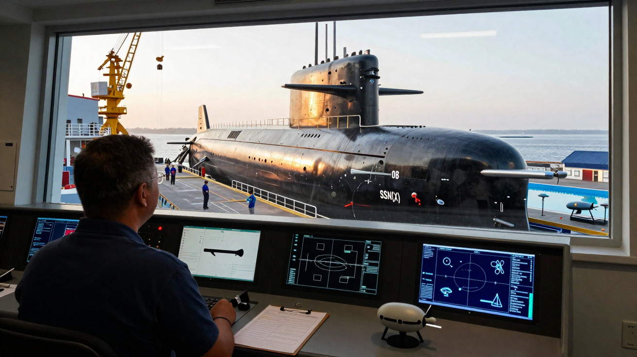 Man monitors control room screens overlooking a black submarine docked at a port at sunset.