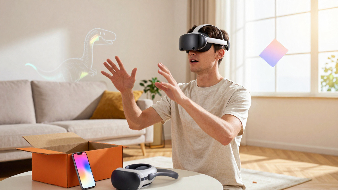 Man wearing VR headset interacting with virtual dinosaur in a bright living room.