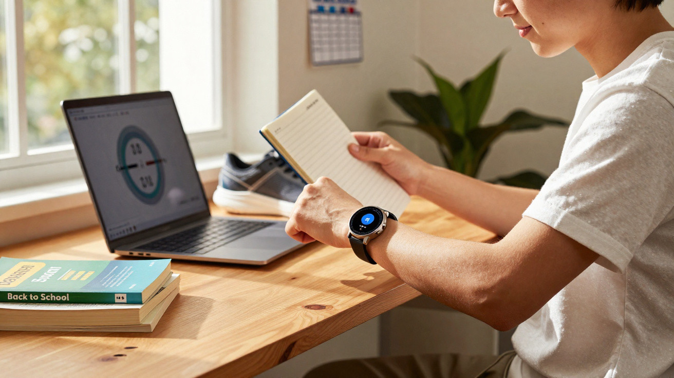 Person wearing a smartwatch writing in a notebook at a desk with a laptop and books in natural light.