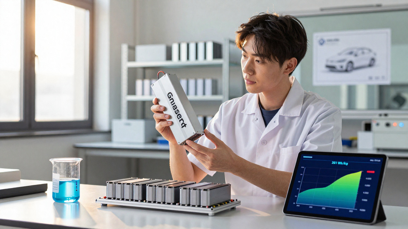 Scientist in lab coat examining a Gnasert device with battery cells and data graph on tablet in lab.