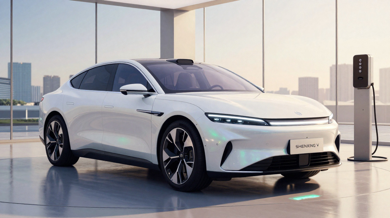 White electric sedan parked indoors beside a charging station with city buildings visible outside large windows.