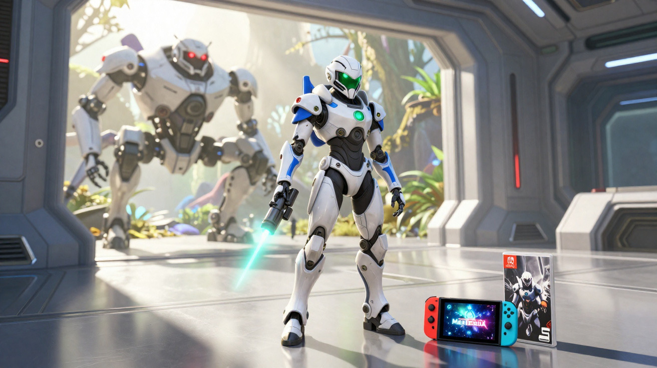 Futuristic white and blue robot with glowing green eyes and energy sword stands in a spaceship corridor with Nintendo Switch.