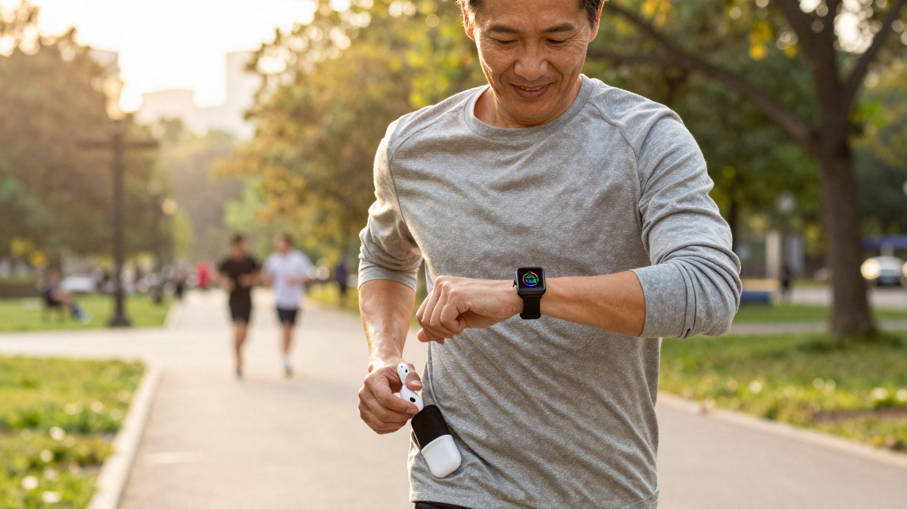 Man in grey top checking fitness tracker on wrist while holding wireless earphones in park.