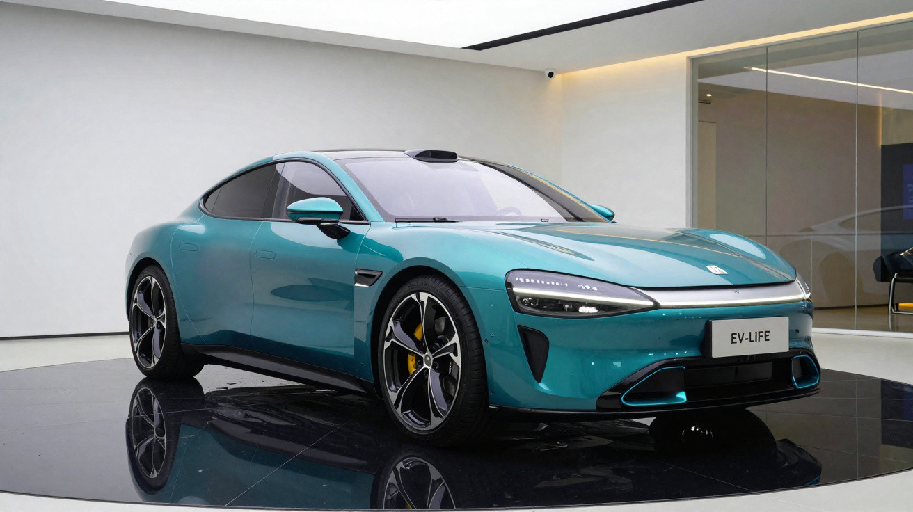 Teal electric sports car with sleek design displayed indoors on a reflective black platform