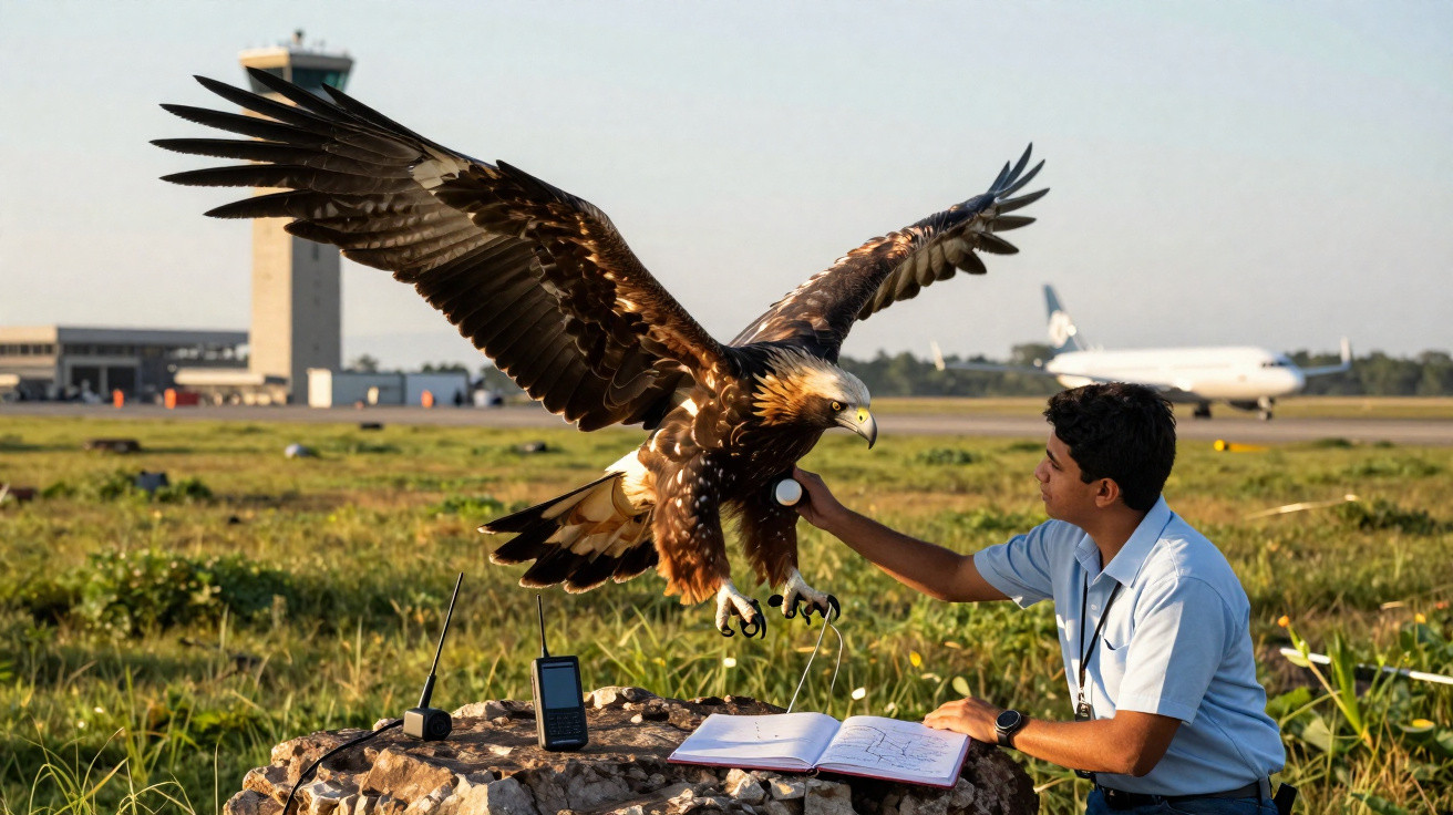 Man releasing large eagle with outstretched wings at airfield near control tower and airplane.