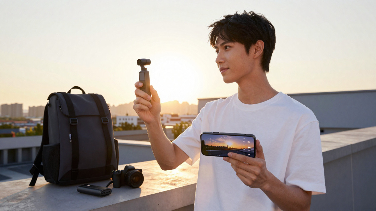 Young man holding a small camera and smartphone on a rooftop at sunset with camera gear nearby.
