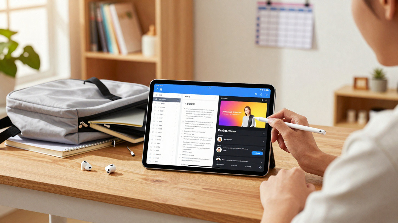 Person using a stylus on a tablet at a wooden desk with a grey backpack, books, and wireless earbuds nearby.