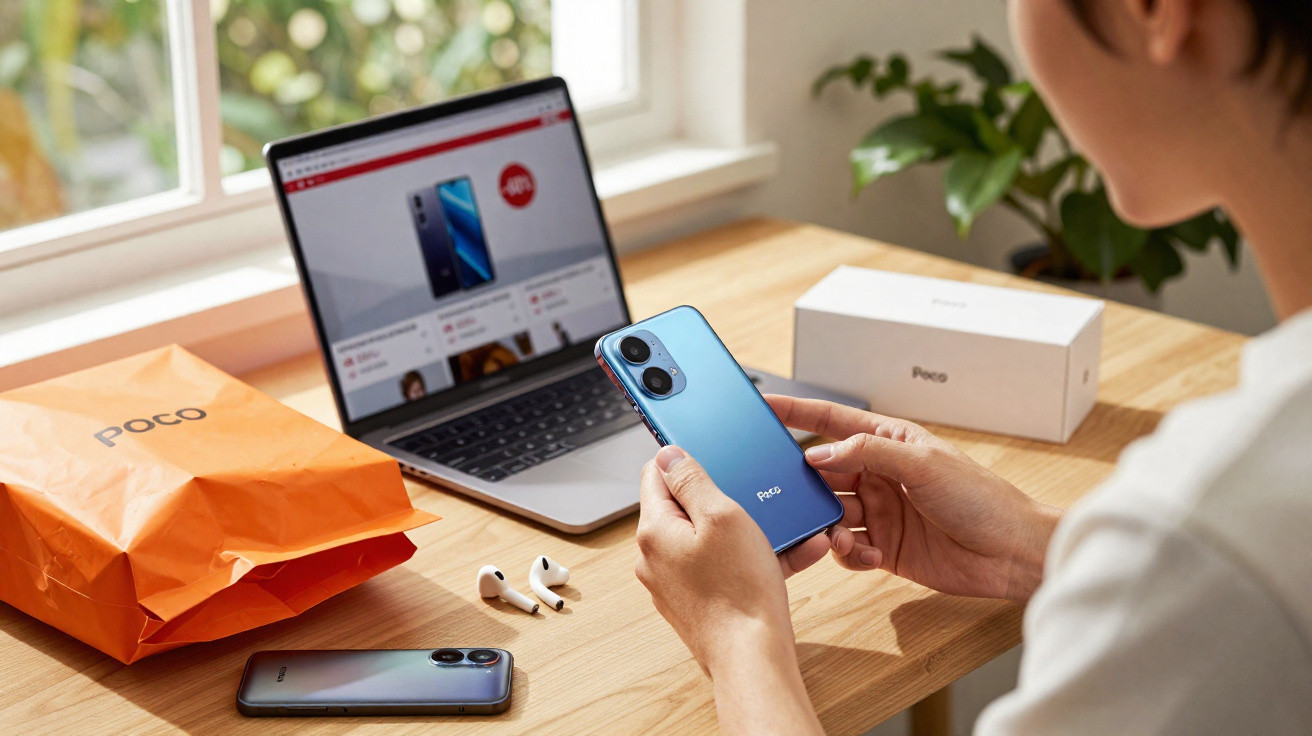 Person holding a blue Poco smartphone at a wooden desk with laptop, another phone, earphones, and Poco packaging.