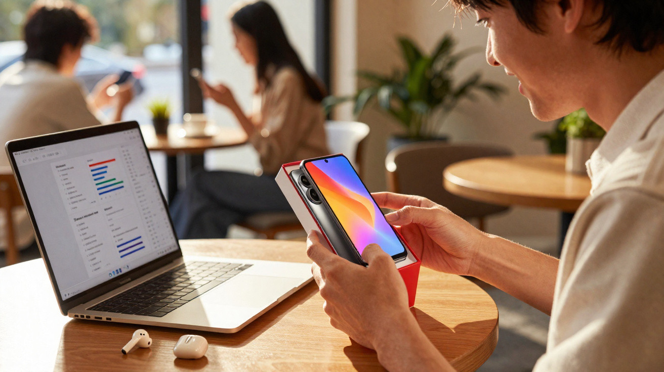 Person unpacking a new smartphone at a table with a laptop and wireless earbuds in a bright cafe.