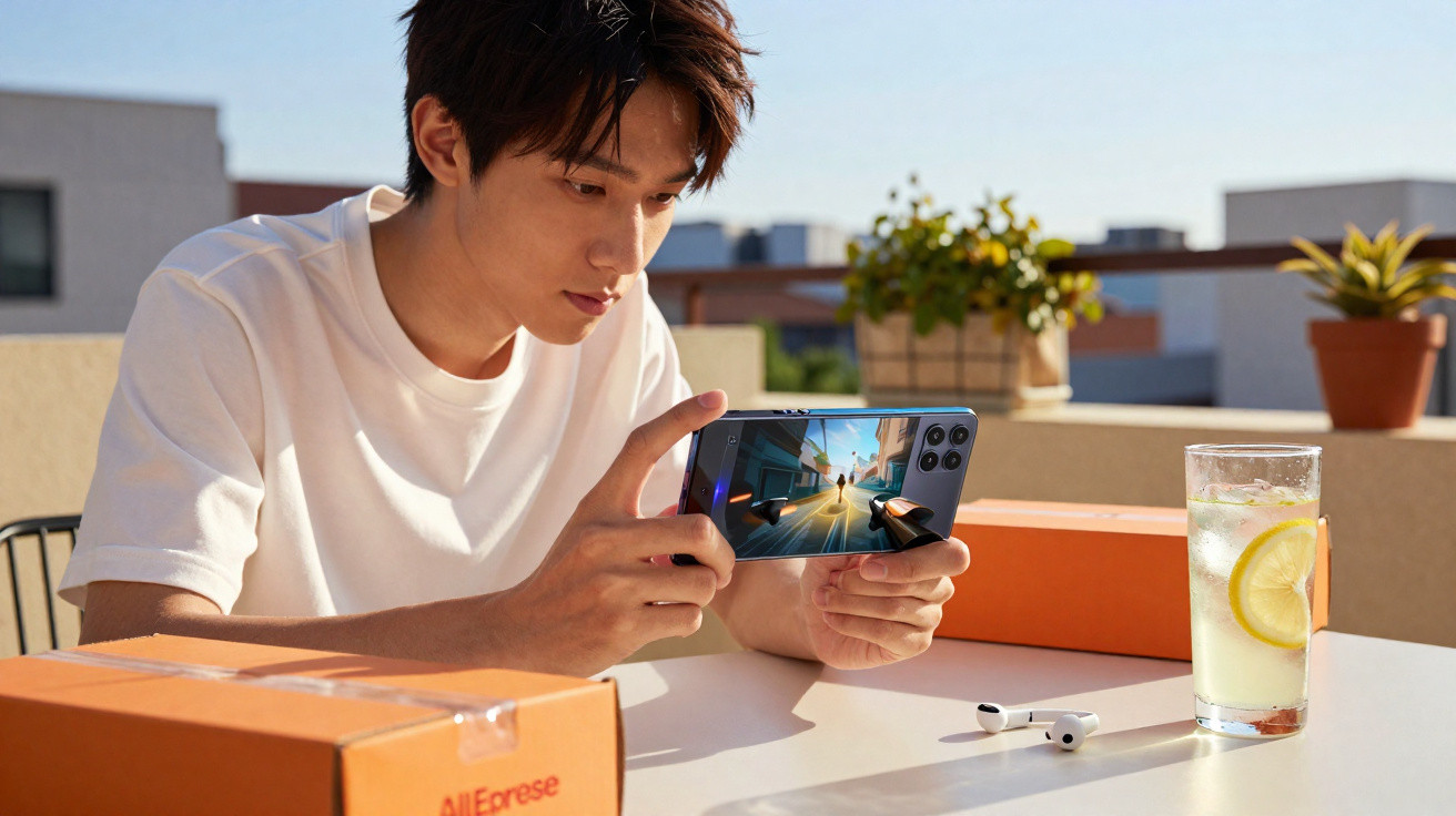 Young man playing a video game on a smartphone at a table with orange boxes, earphones, and a lemon drink outdoors.
