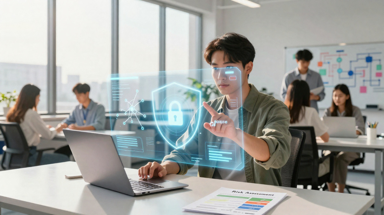 Young man interacting with a futuristic digital security interface in a modern office setting.
