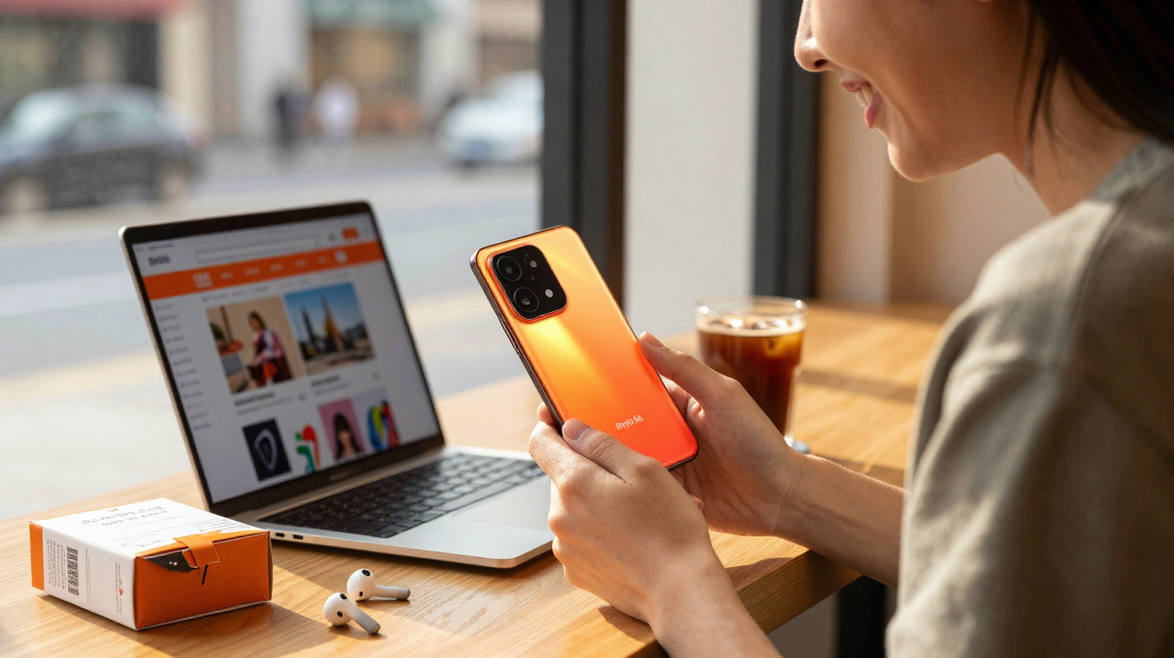 Person holding an orange smartphone at a wooden table with a laptop, AirPods, and iced coffee nearby.