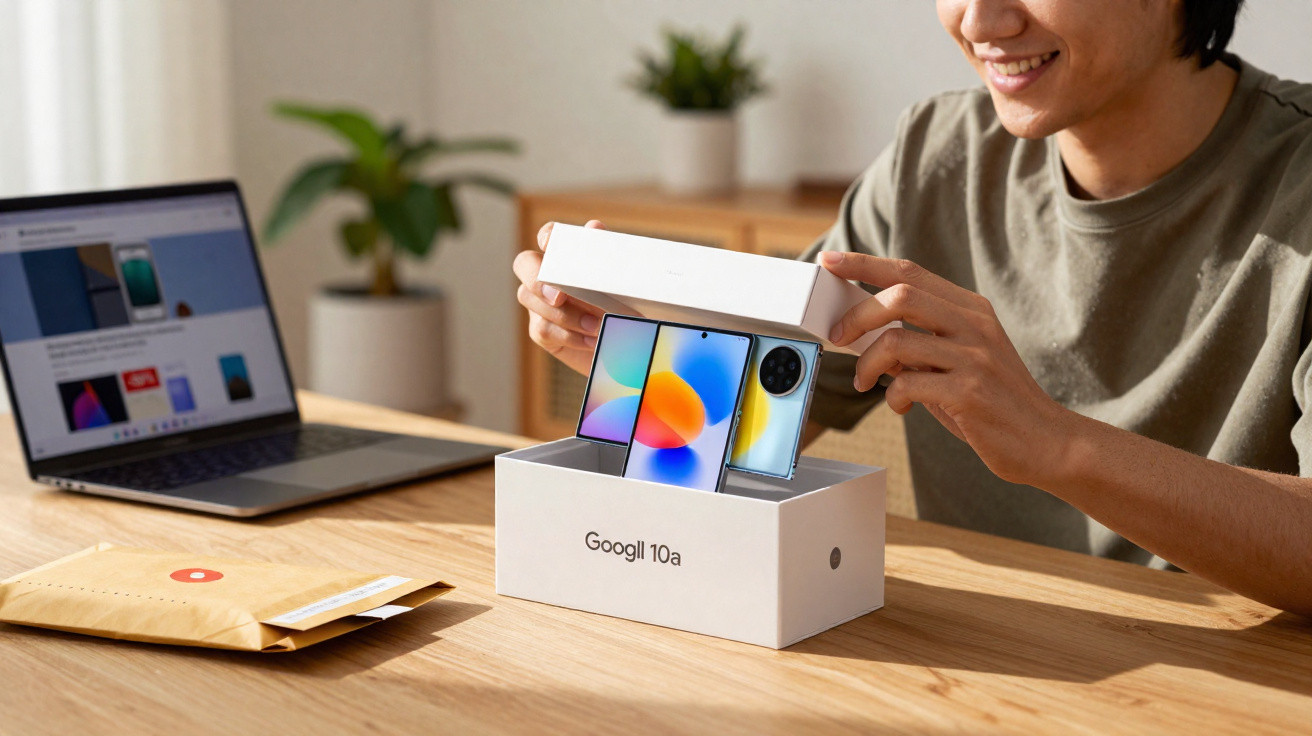 Person unboxing a new Googl 10a smartphone with a laptop and envelope on the table.