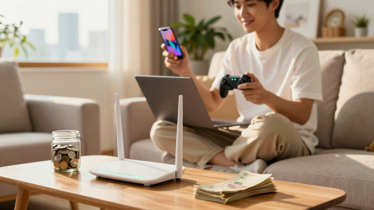 Wireless router on a table with coins in a jar and banknotes, person using a laptop and holding a phone and game controller.
