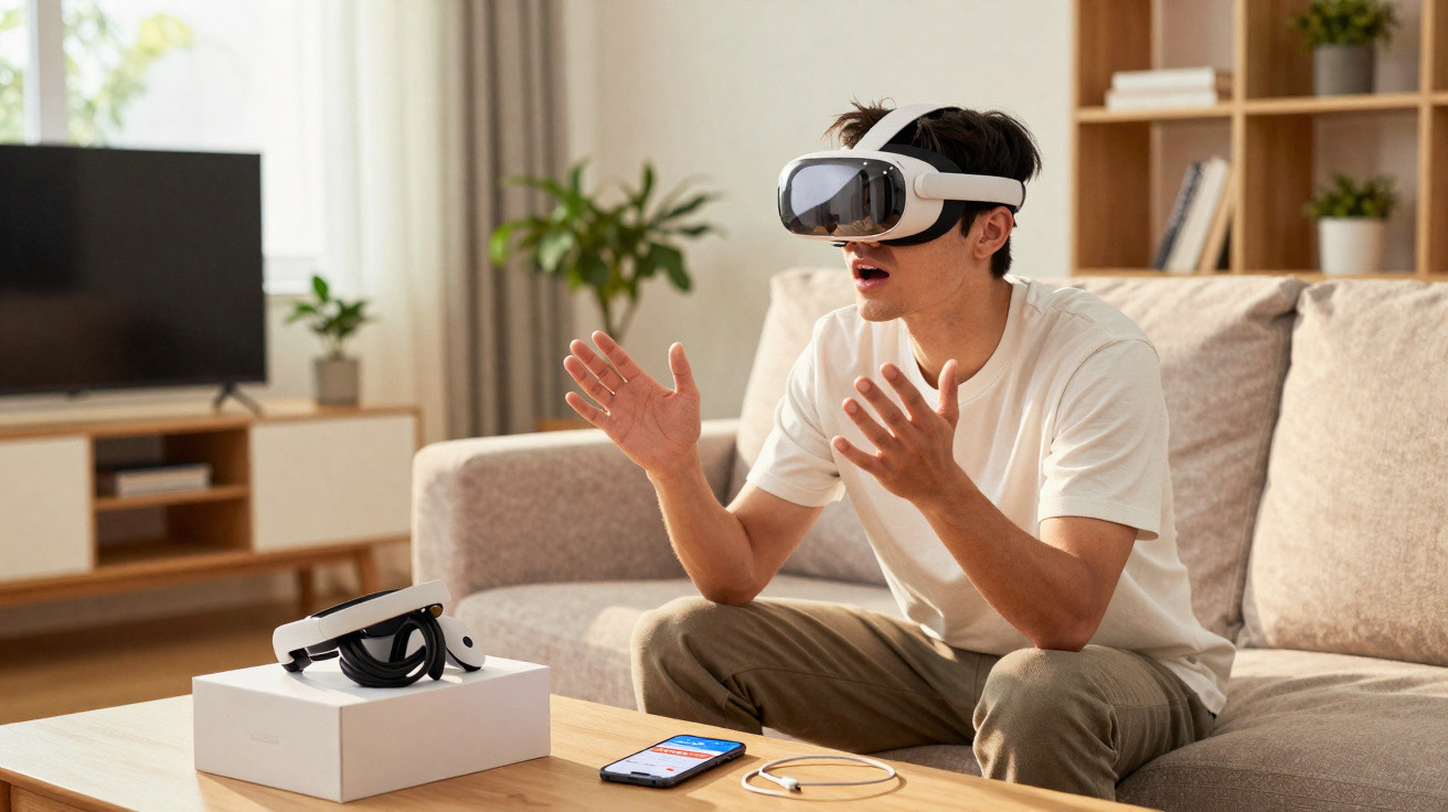Young man wearing a virtual reality headset, seated on a sofa with a smartphone and a VR controller on a table.