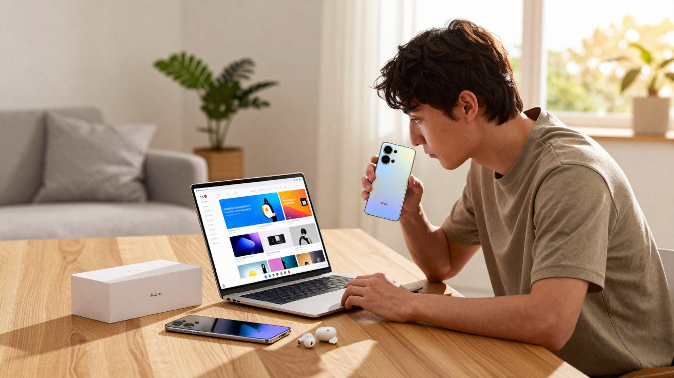 Young man sitting at a table using a laptop and holding a smartphone with wireless earbuds nearby.