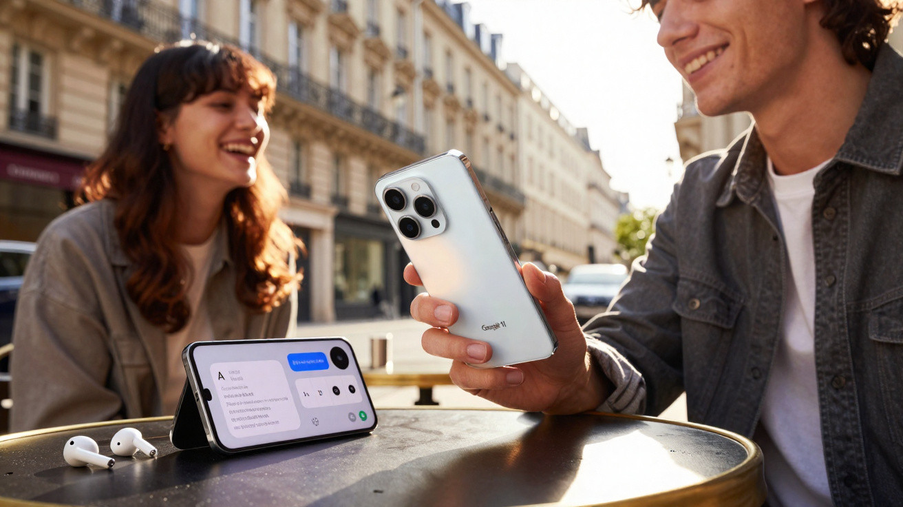 Two people sitting at an outdoor café table with a smartphone in hand and another phone on the table.