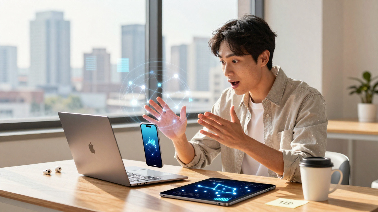 Young man interacting with a floating smartphone hologram above a laptop in a bright office setting.