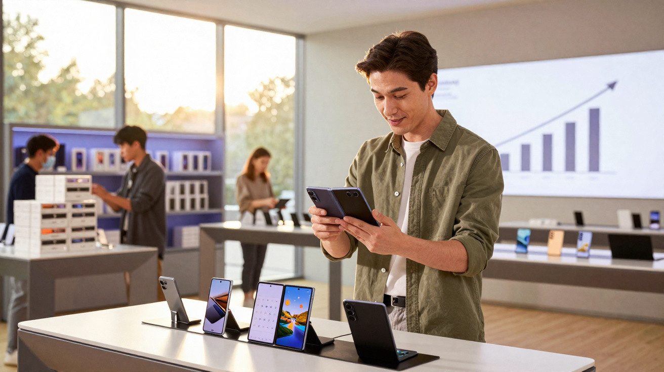 Young man using a foldable smartphone at a tech store with electronic devices displayed around him.