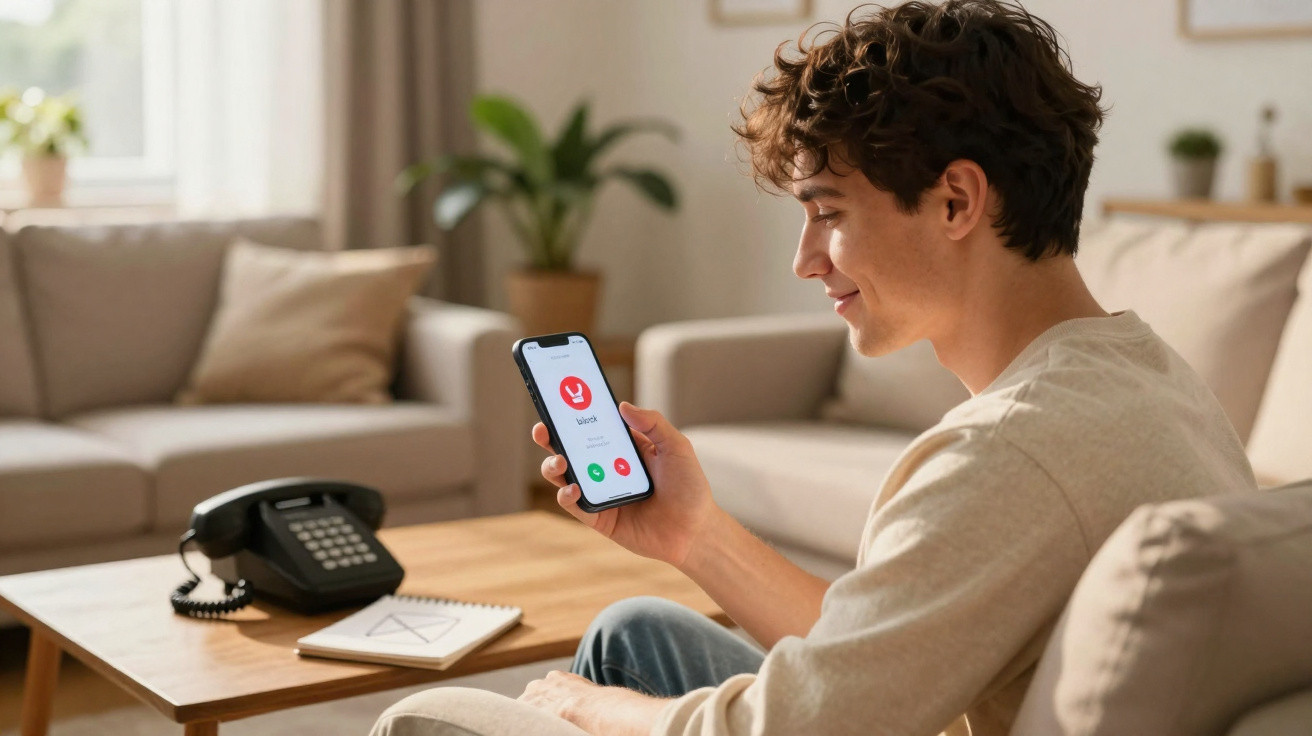 Young man sitting on a sofa looking at an incoming call from 'Shirley' on his smartphone in a living room.