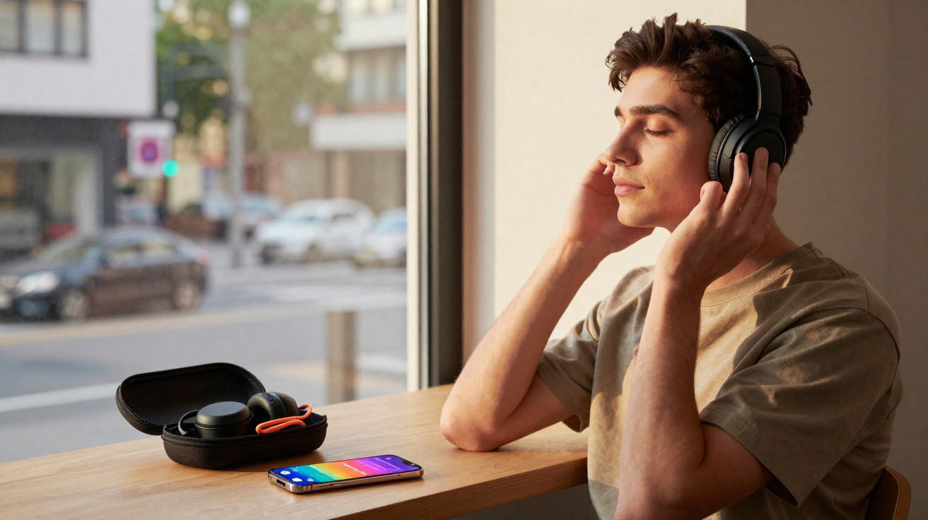Young man wearing headphones, sitting by a window with a smartphone and headphone case on the table.