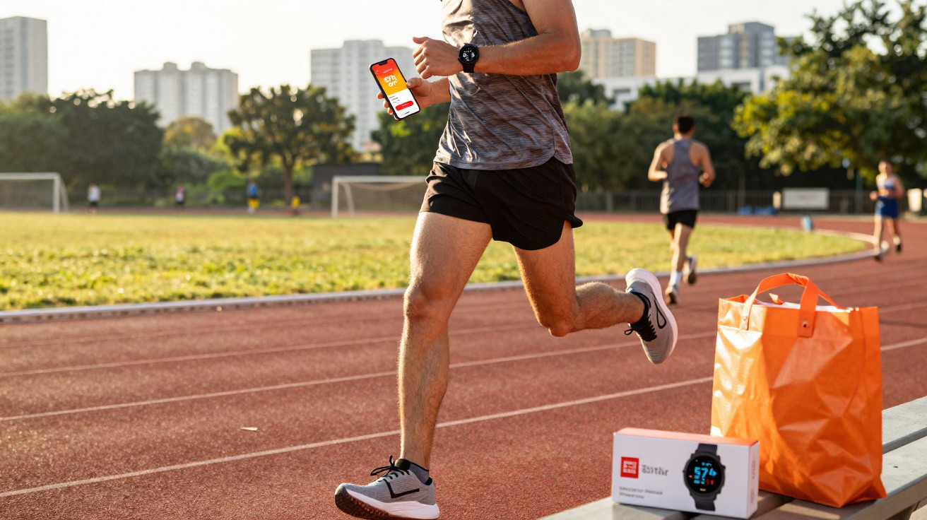 Man running on a track holding a smartphone with a fitness app, smartwatch and orange bag on the bench nearby.