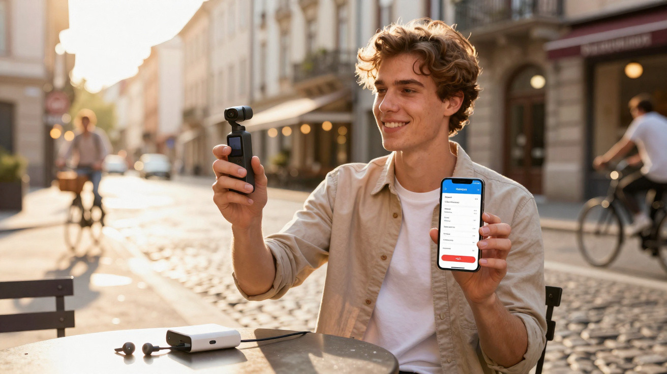 Young man smiling while holding a small handheld camera and smartphone at an outdoor café table on a sunny street.