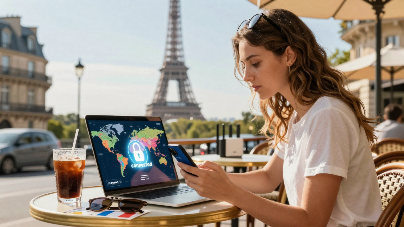 Woman using smartphone and laptop with VPN connection in an outdoor Paris café with the Eiffel Tower in the background.