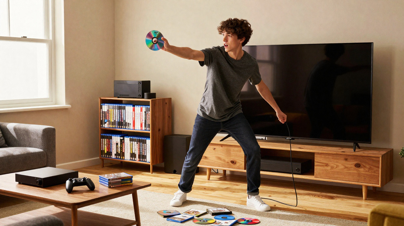 Teenage boy holding a disc ready to insert into a console in a bright living room with TV and game collection.