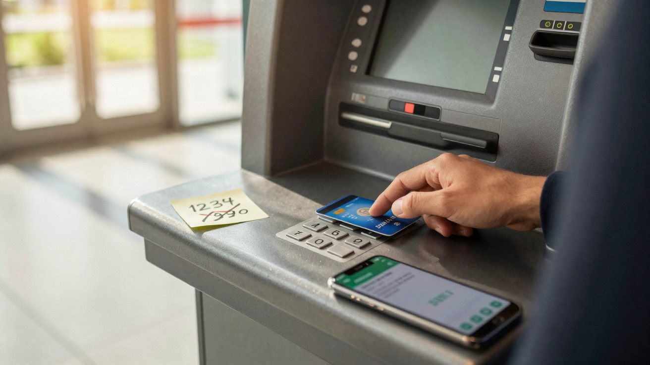 Person inserting bank card into ATM with smartphone and PIN noted on sticky tape nearby.