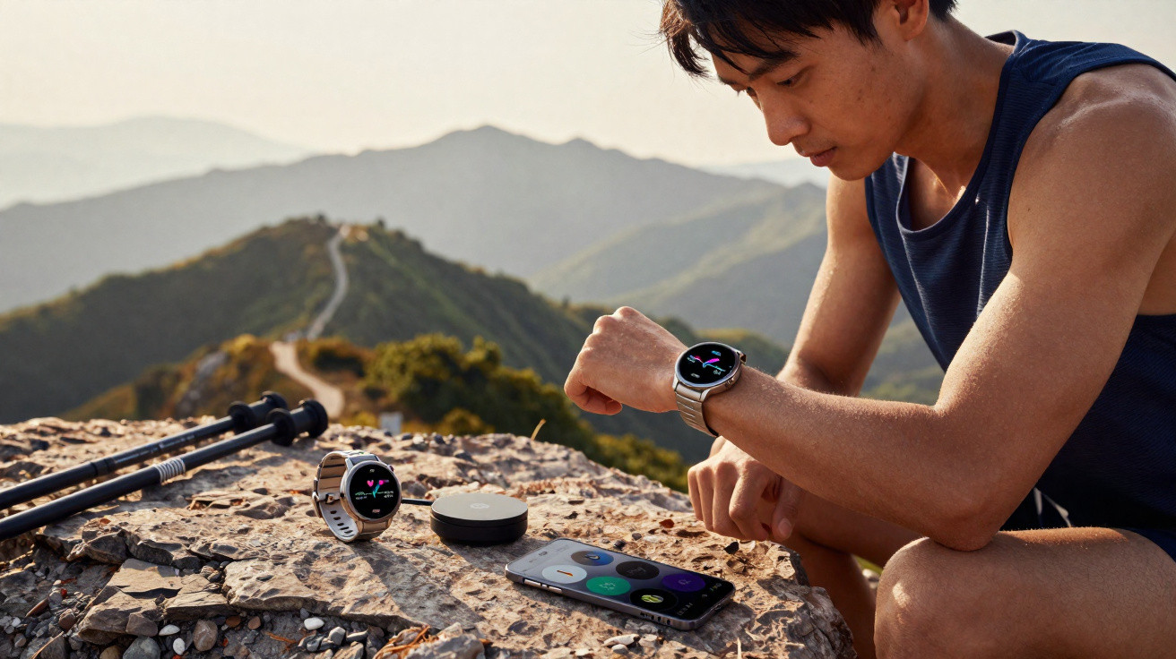 Man wearing a smartwatch checking fitness data while resting on a rocky hilltop with trekking poles and smartphone nearby.