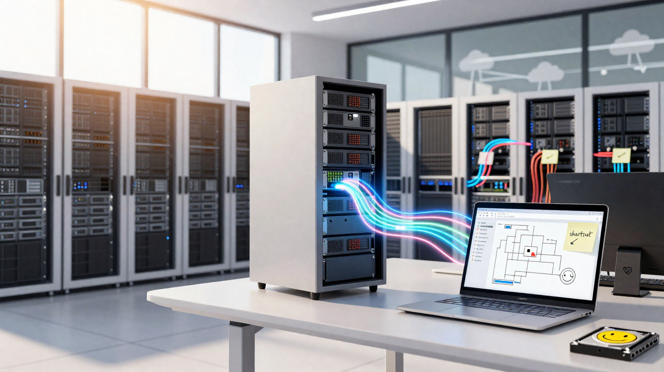 Server rack connected to laptop with digital data streams in modern data centre room.
