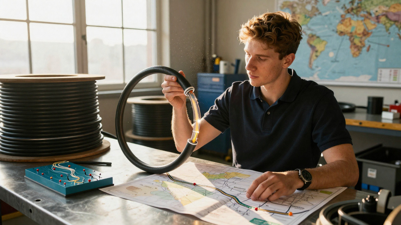 Young man studying fibre optic cable and map, seated at metal table in a bright workshop with world map background.