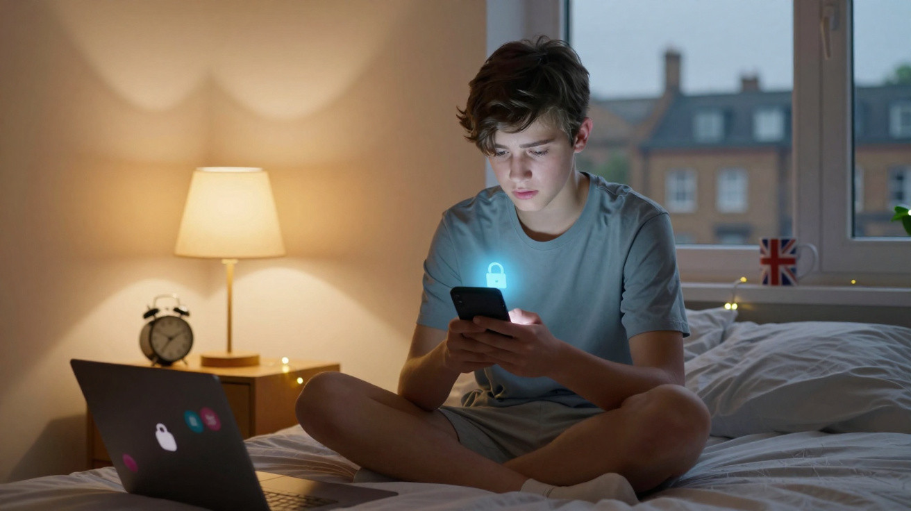 Teenage boy sitting on bed using smartphone with digital lock icon, laptop and bedside lamp in dimly lit room.