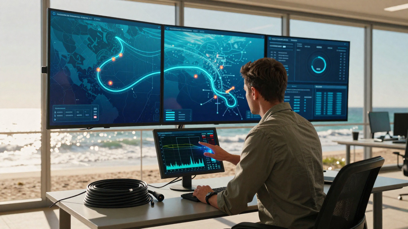 Man analysing data on multiple computer screens with a beach view through large windows behind him.