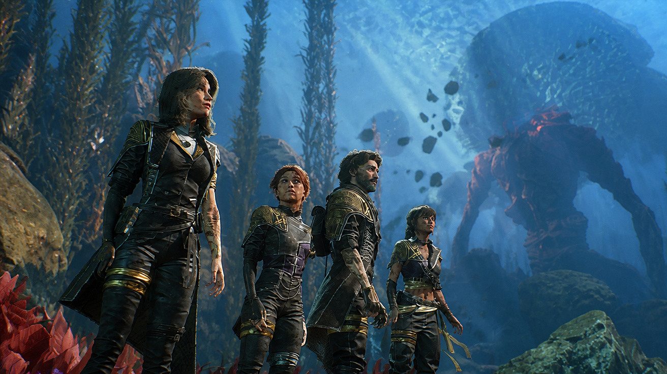 Four armed characters stand underwater facing a massive shadowy sea creature surrounded by seaweed and rocks.