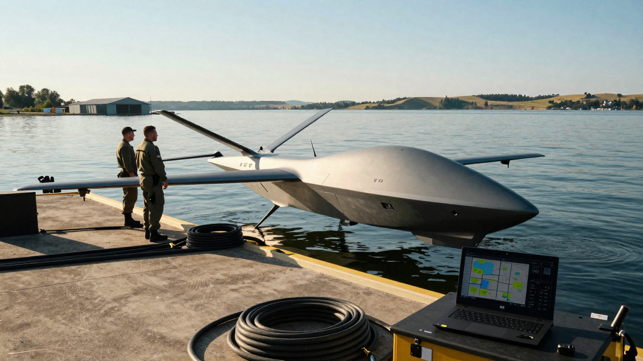 Two men in uniform stand by a large drone hovering over water next to a dock with a laptop displaying a map.