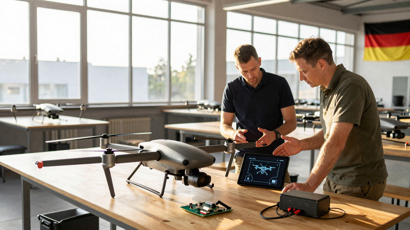 Two men working on a drone with a tablet and electronic components on a wooden table in a bright workshop.