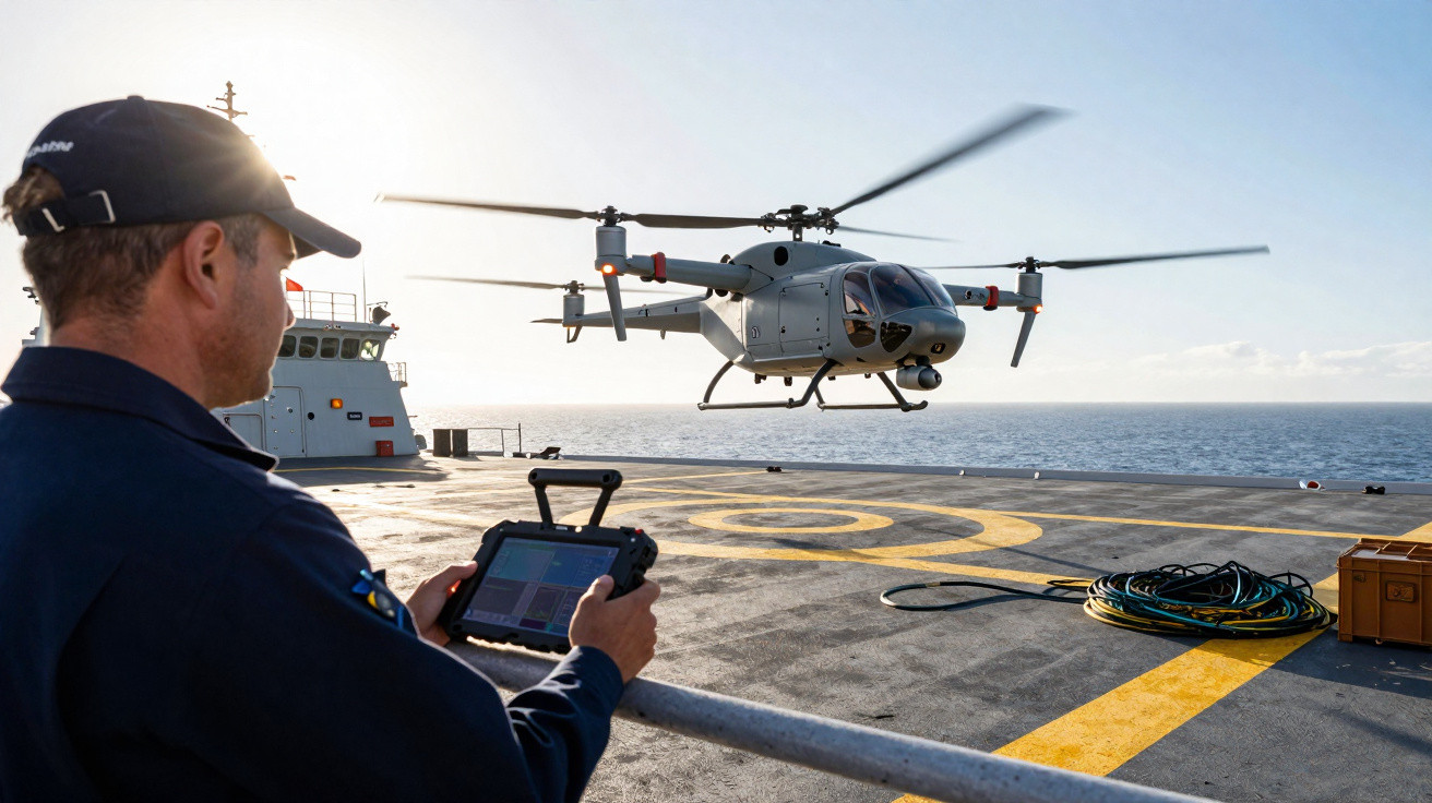 Man operating a remote control to pilot a drone helicopter on the deck of a ship at sea.