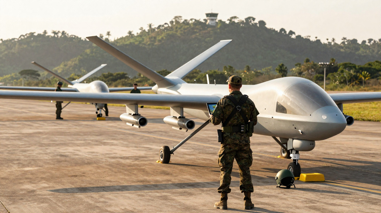 Military personnel operating unmanned drone aircraft on airfield with forested hills in the background.