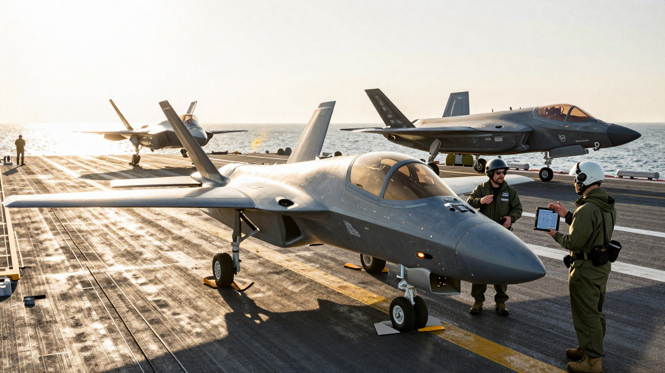 Two pilots in flight gear stand near a stealth fighter jet on an aircraft carrier deck at sunset.
