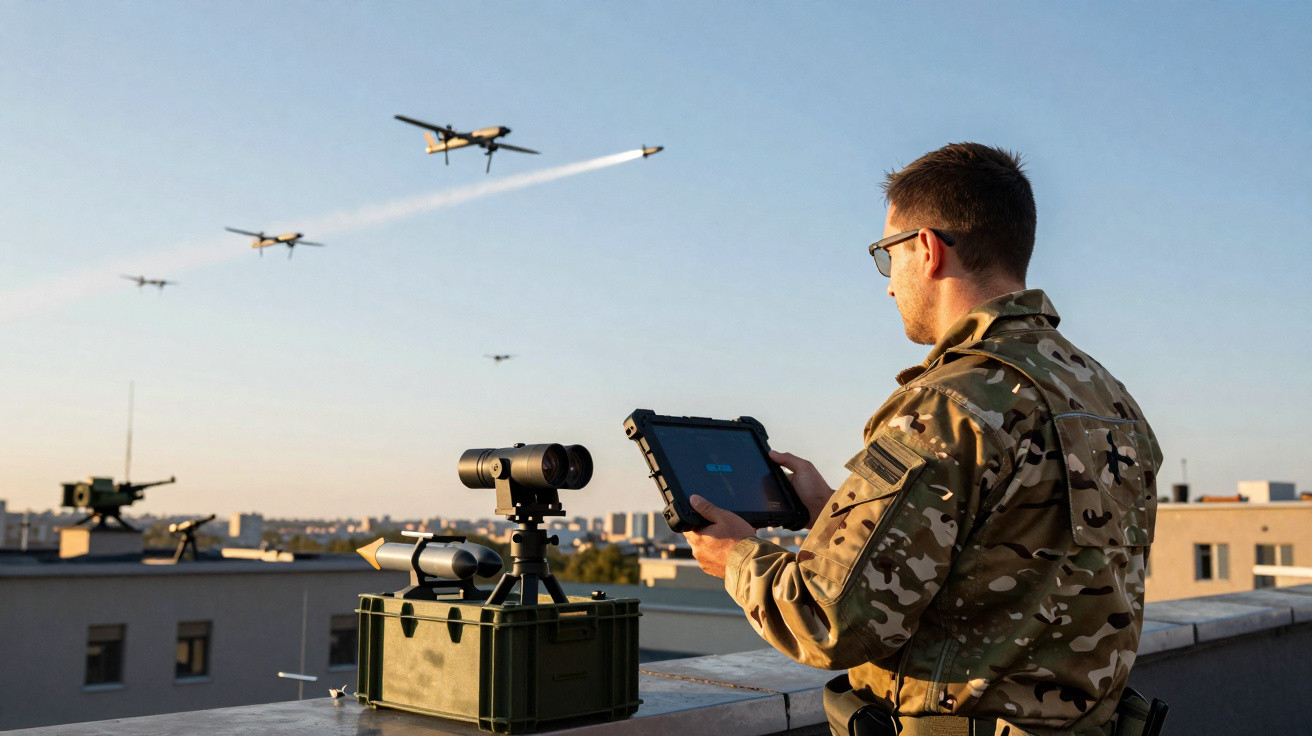 Soldier in camouflage operating a tablet with drones flying over a city skyline at sunset.