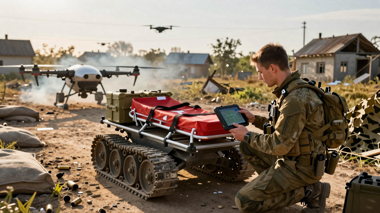 Soldier operating a remote-controlled tracked robot and drones in a rural, damaged area.